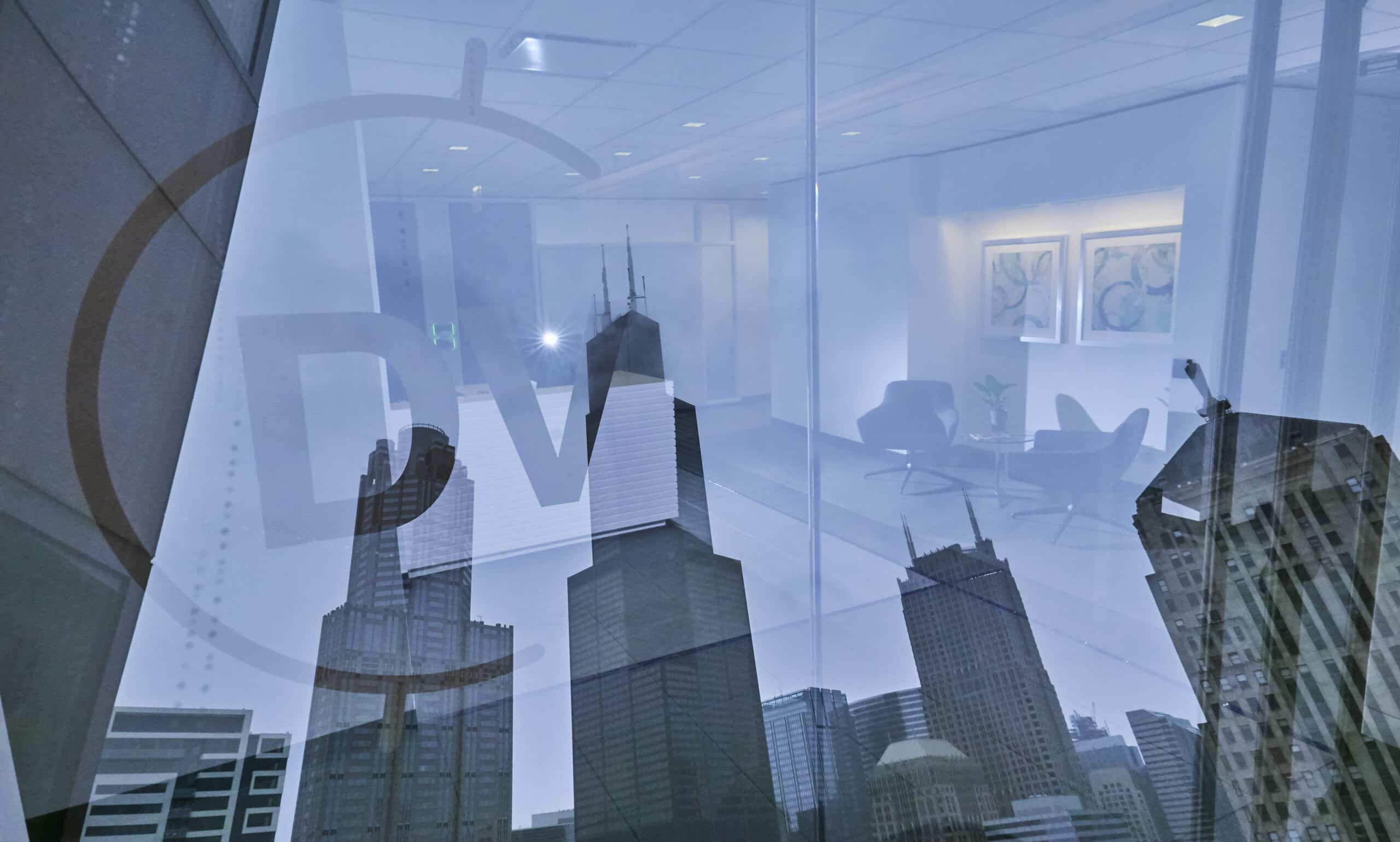 chicago skyline and dv trading office images overlapping